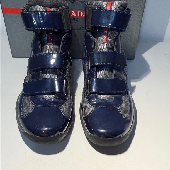 Prada Dark Blue High-Top Patent leather Sneakers with Red Detail - Picture 8 of 12